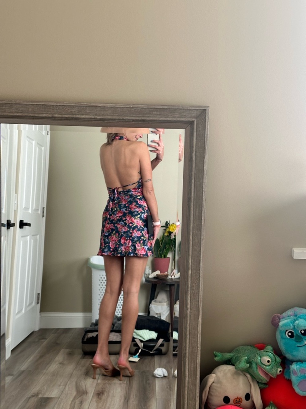 Lulu's Navy Floral Backless Halter Mini Dress